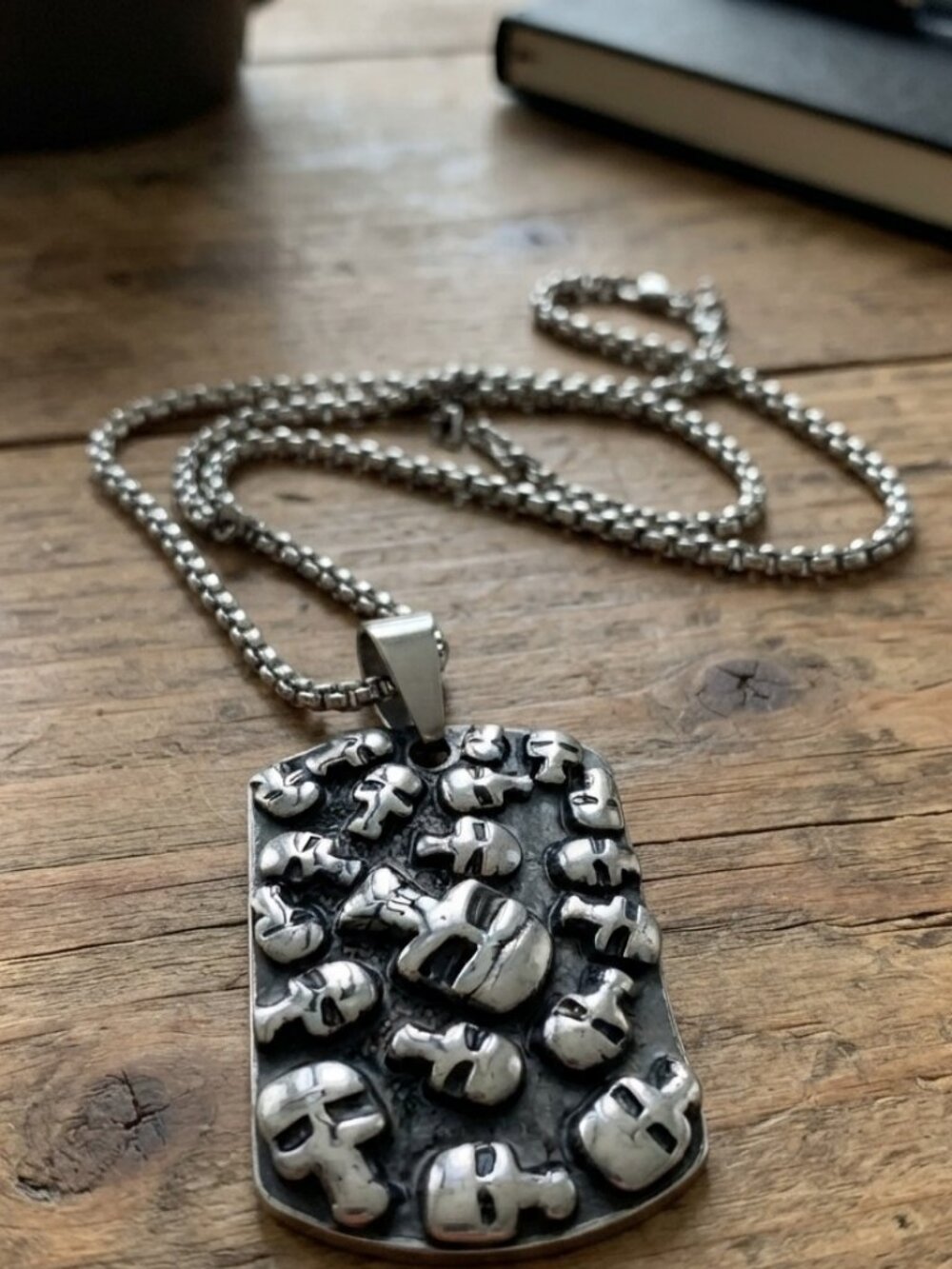 Mens Skull Dog Tag Pendant Necklace